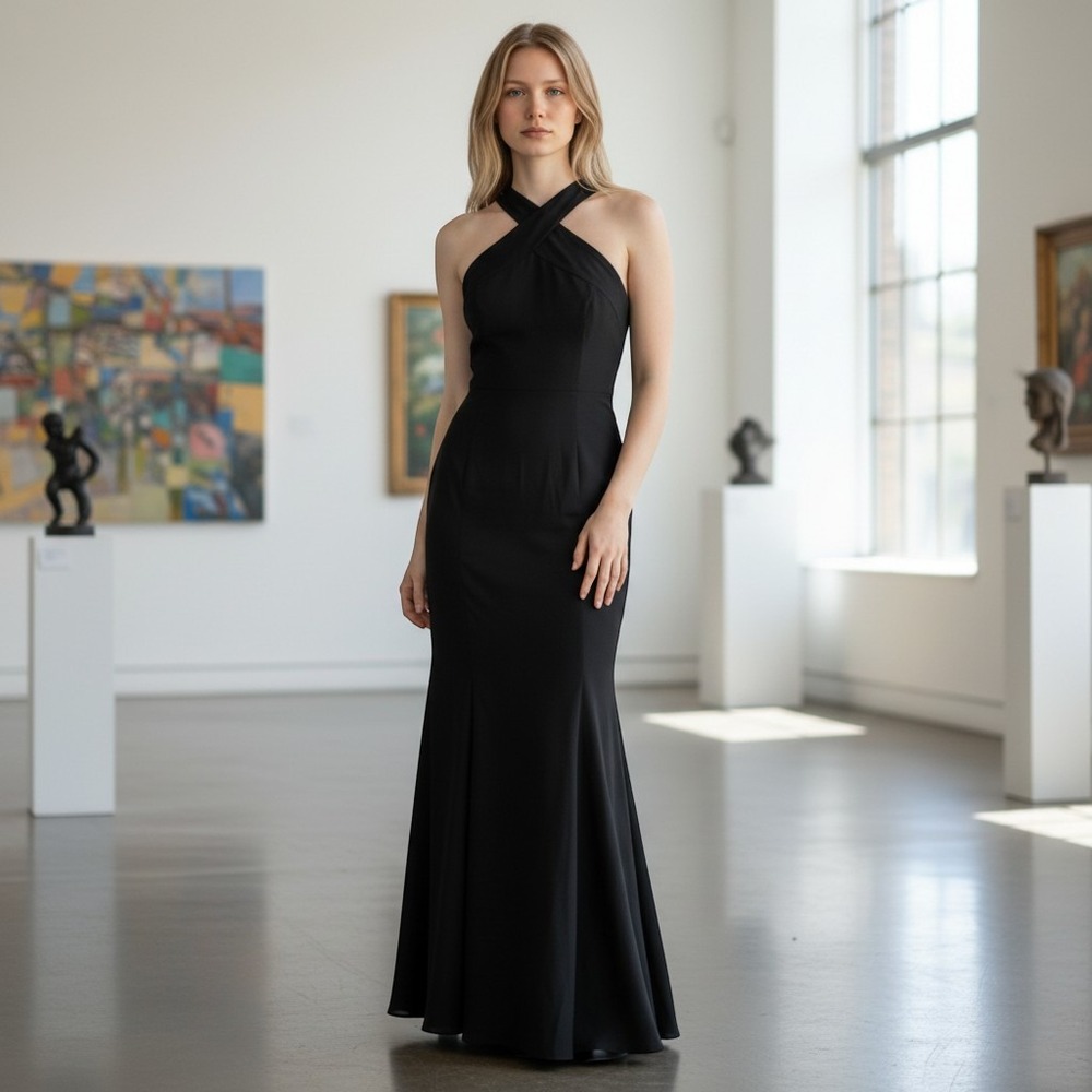 Azazie Black Chiffon Halter Crisscross Back Formal Bridesmaid Dress Size A6